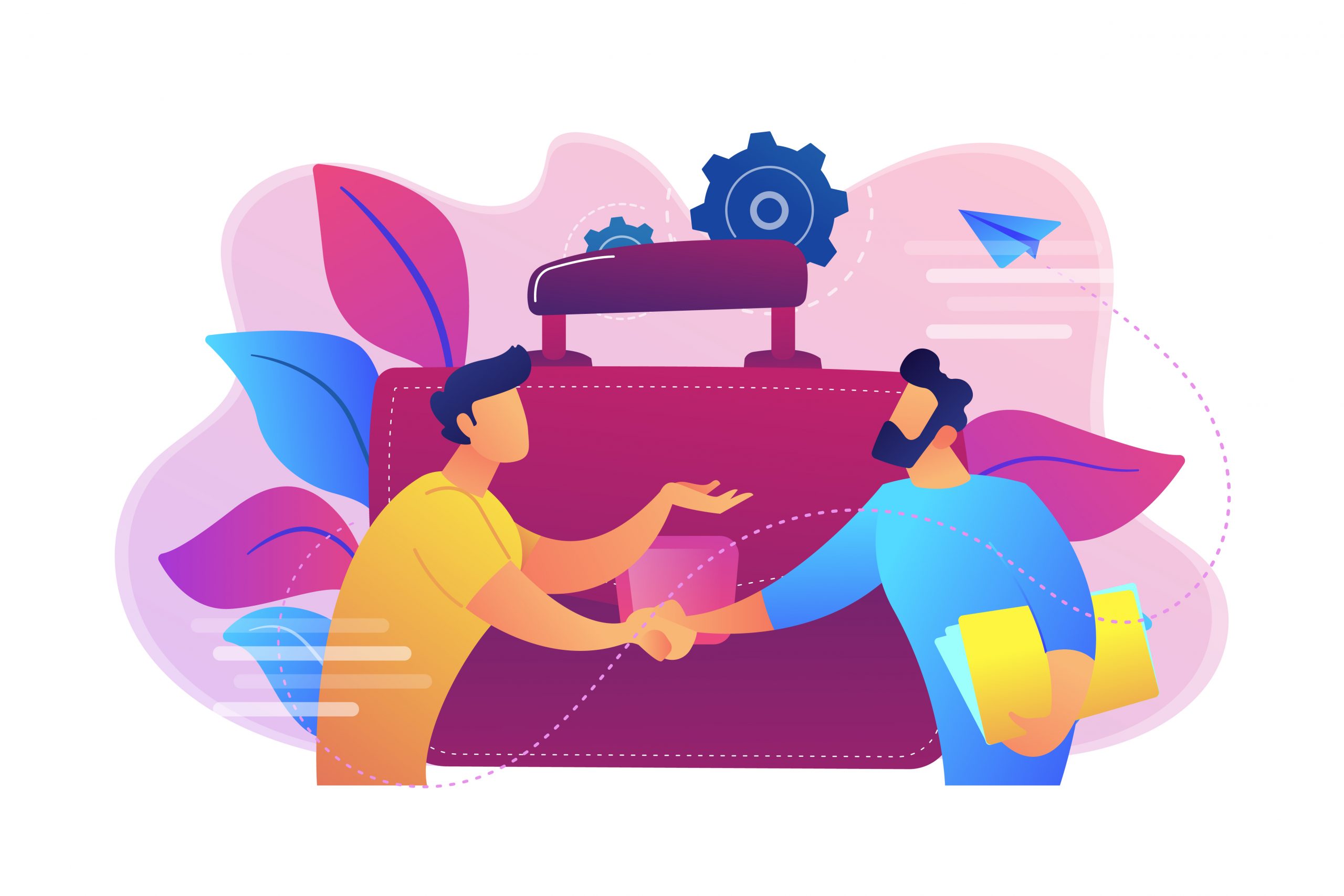 Two business partners shaking hands and big briefcase. Partnership and agreement, cooperation and deal completed concept on white background. Bright vibrant violet vector isolated illustration