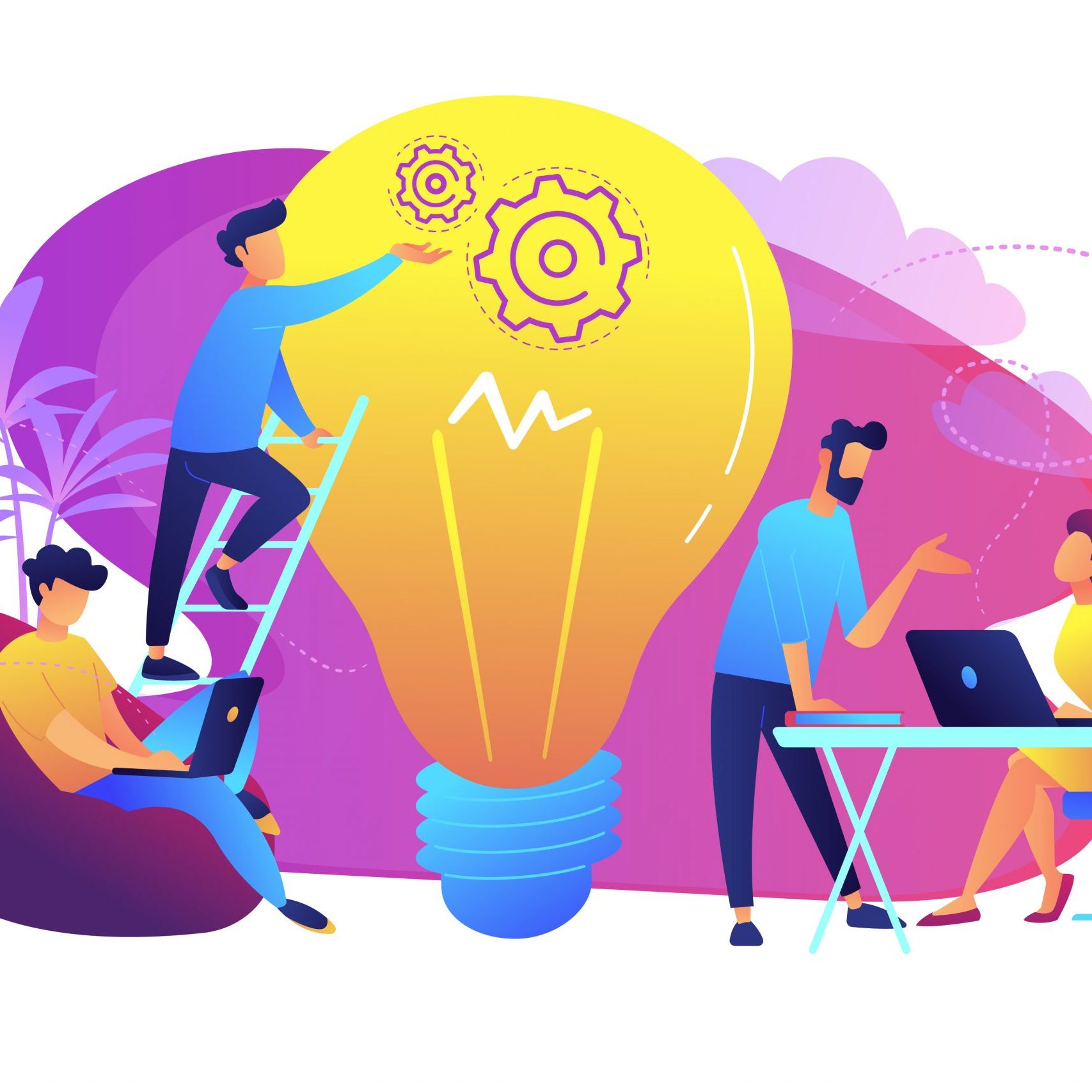 People working in friendly open space workplace. Coworking, freelance, teamwork, communication, interaction, idea, independent activity concept, violet palette. Vector illustration on white background