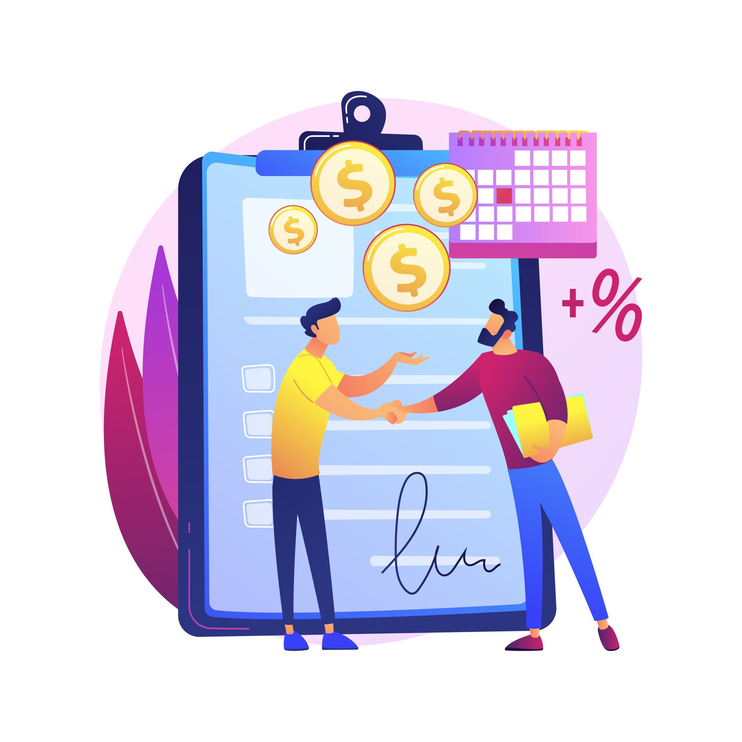 Financial obligation document. Promissory bill, loan agreement, debt return promise. Issuer and payee signing contract. Businessmen making deal. Vector isolated concept metaphor illustration